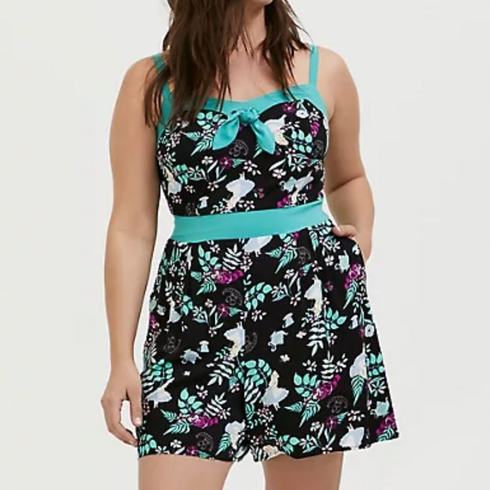 HER UNIVERSE DISNEY RETRO ALICE IN WONDERLAND BLACK & TURQUOISE ROMPER, Size 1